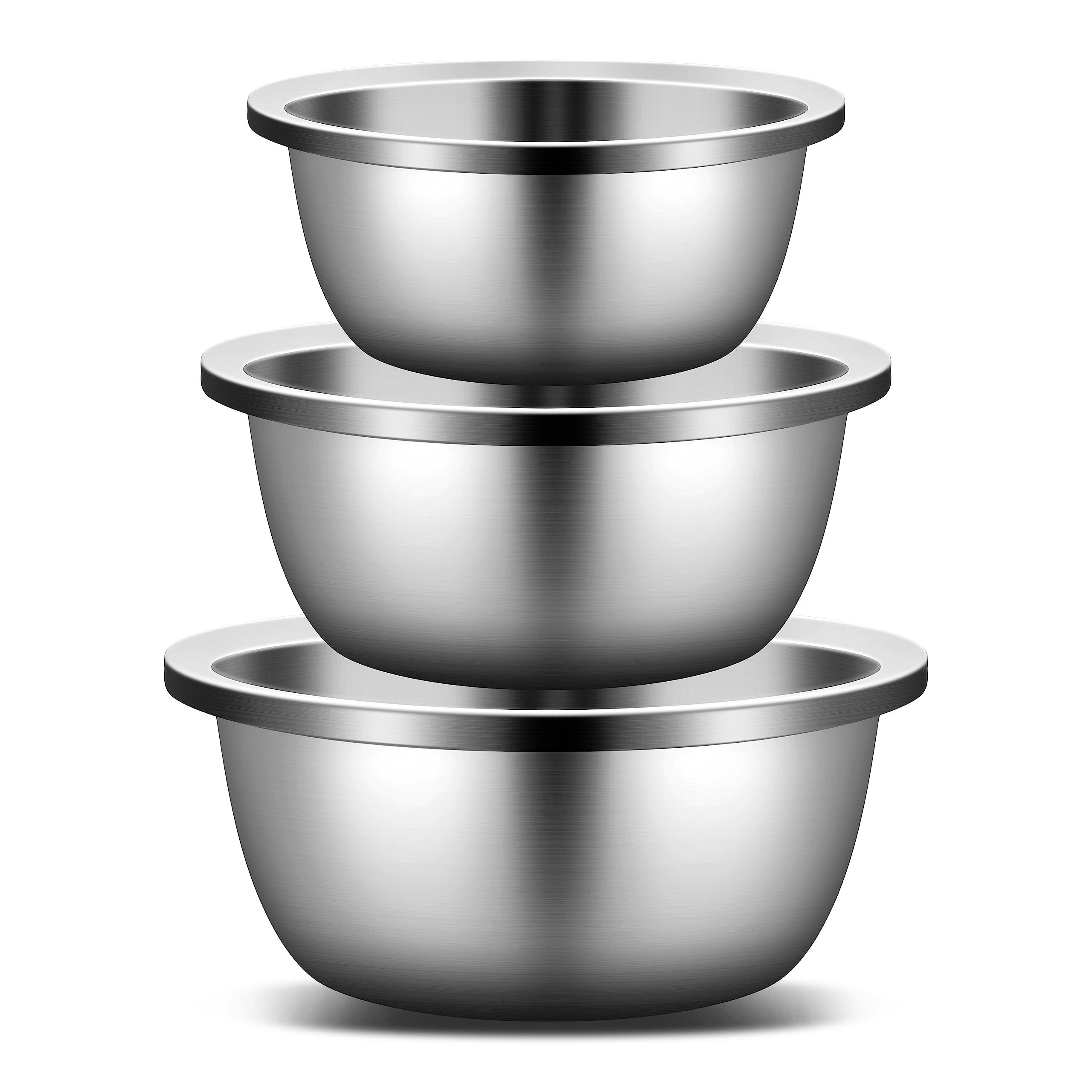 Enther stainless bowls front view showing three durable sizes and space-saving design