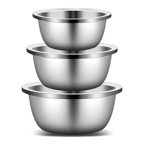 Enther stainless bowls front view showing three durable sizes and space-saving design