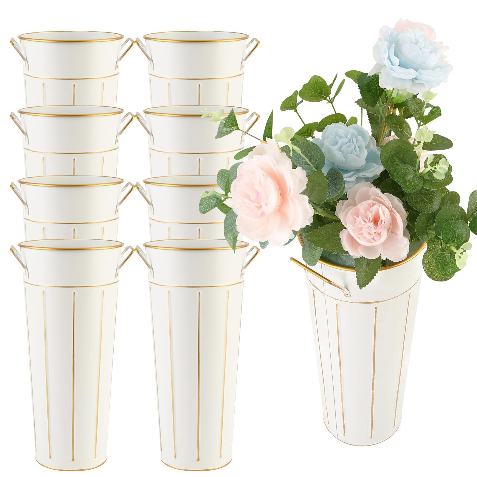 Entjor front view showing eight galvanized buckets for rustic displays