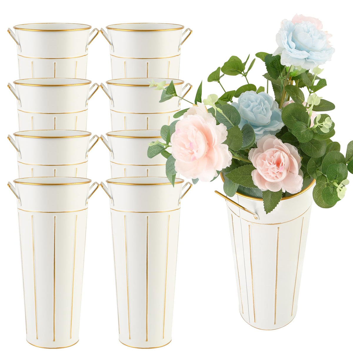 Entjor front view showing eight galvanized buckets for rustic displays