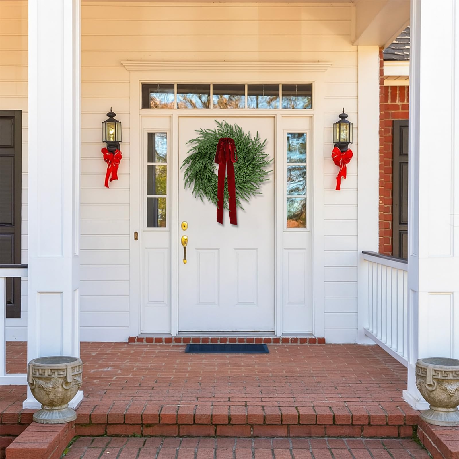ENVEN wreath hung on front door creating welcoming entrance
