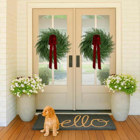 ENVEN wreath above mantel styled for seasonal home decor