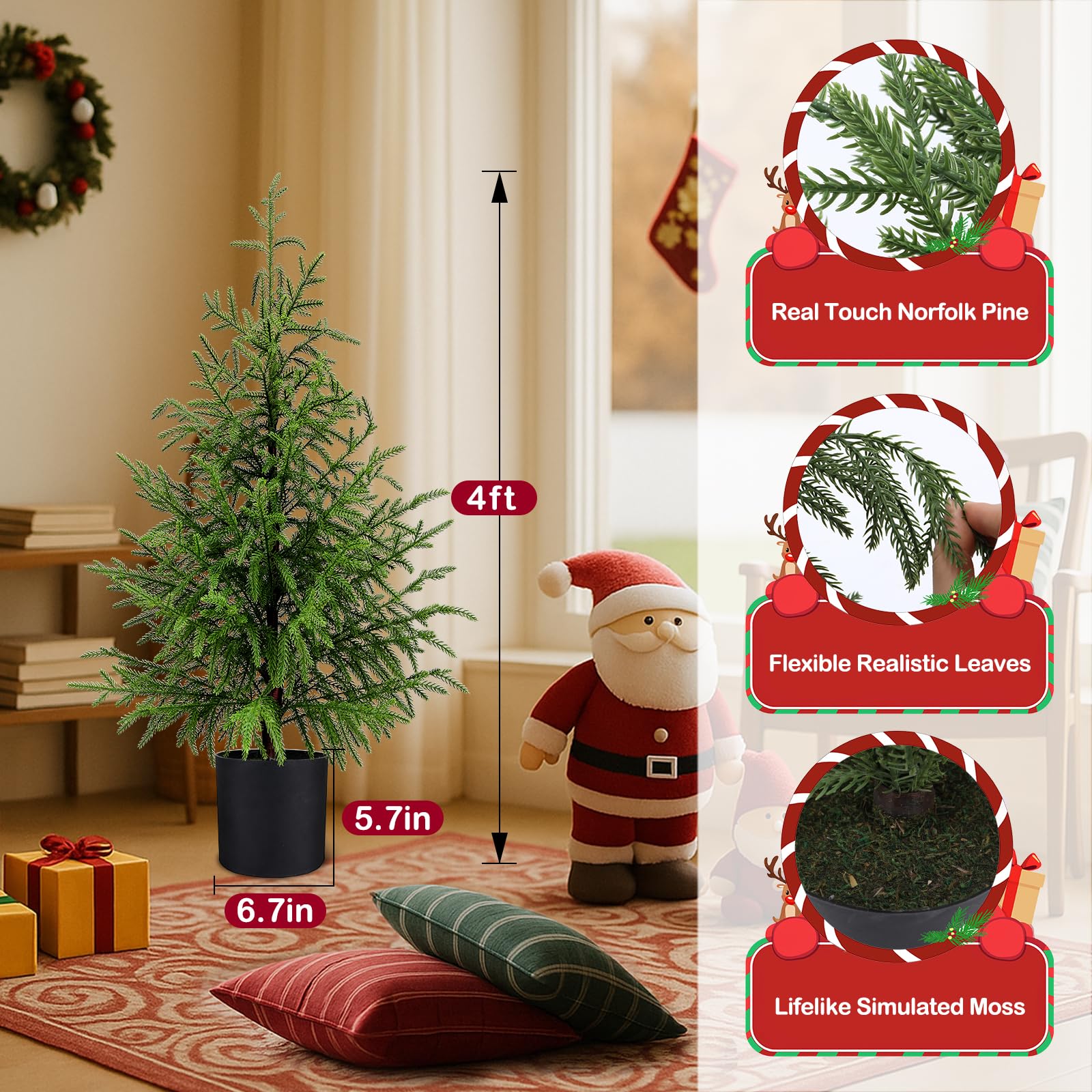 ENVEN tree beside sofa showing compact 4ft scale benefit