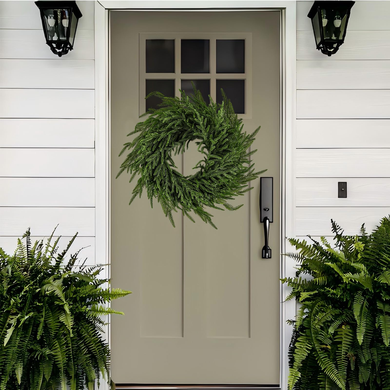 ENVEN wreath styled with ribbon and ornaments for customizable holiday decor