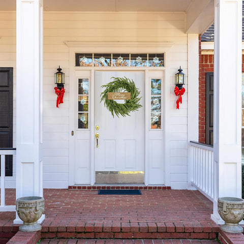 ENVEN wreath hung on front door creating welcoming entrance and weather resistance