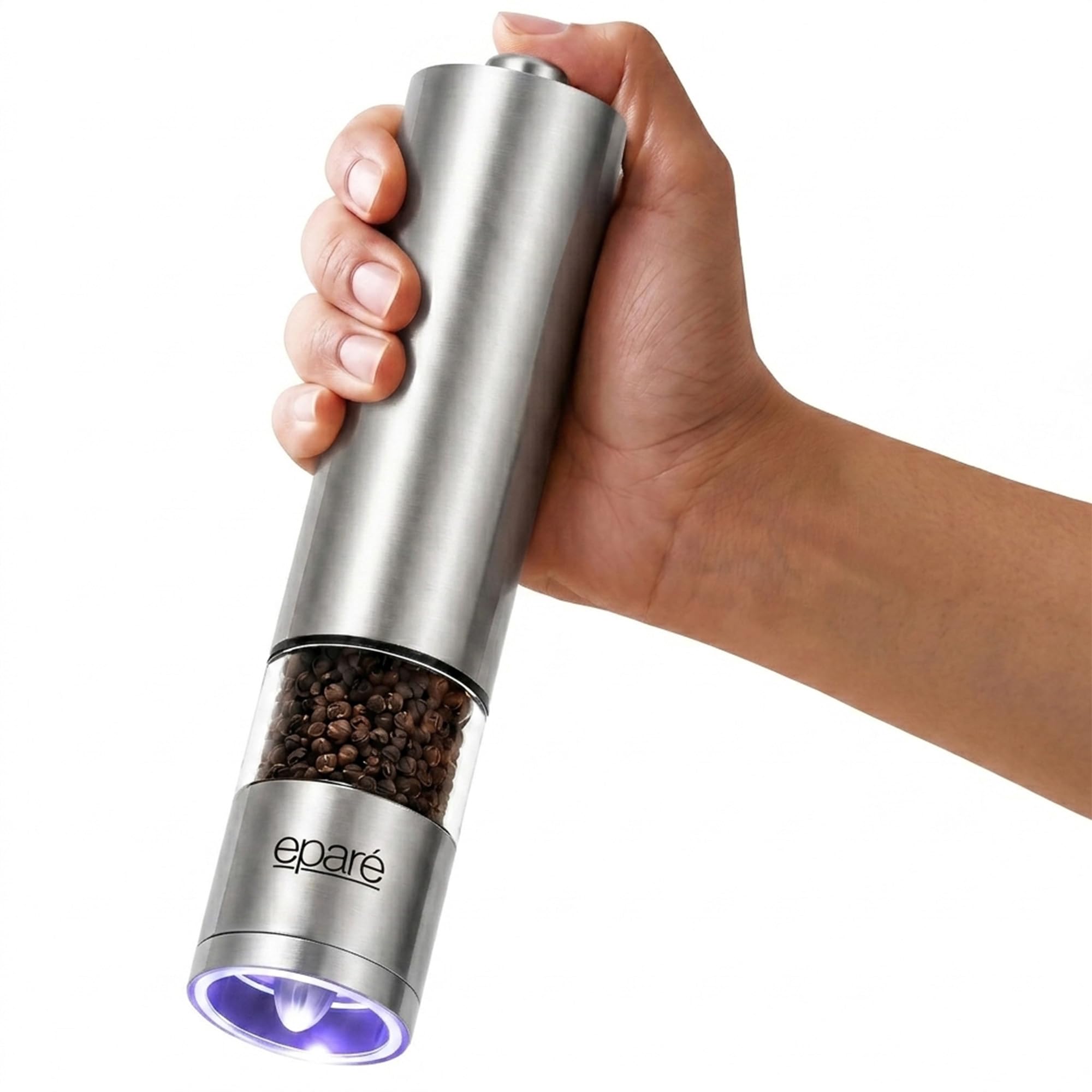 Eparé front view of stainless electric grinder showing sleek design and quick seasoning benefit