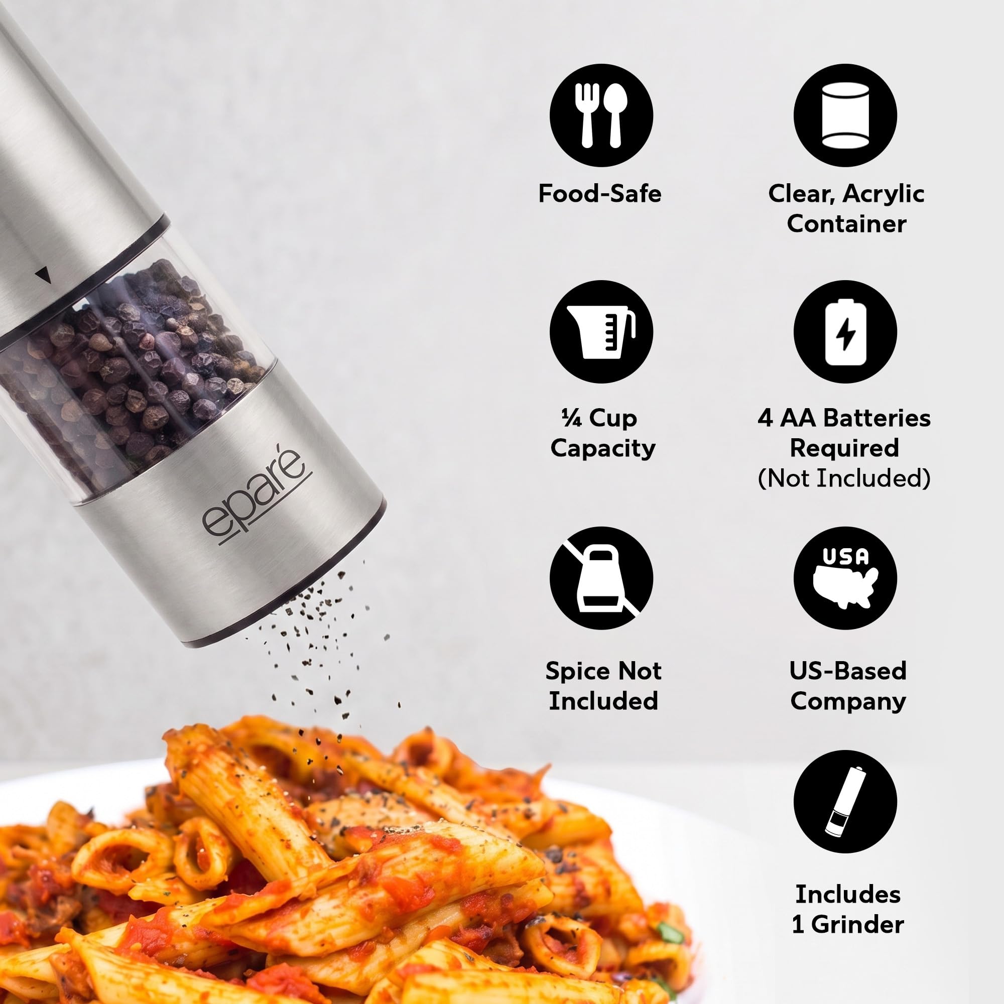 Eparé grinder held in hand showing one-handed operation and convenient use benefit