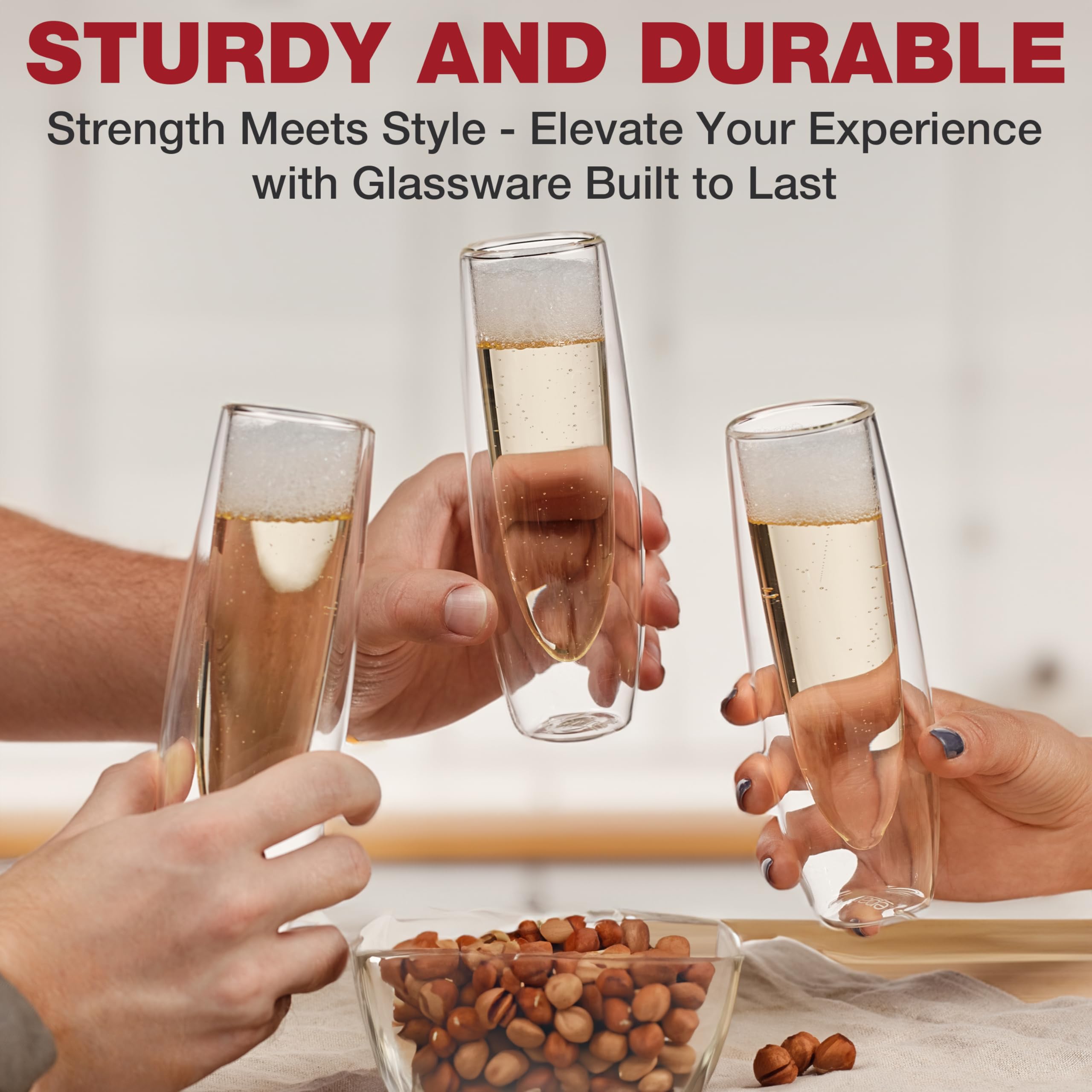 Eparé flutes set on a brunch table showcasing condensation-free surface