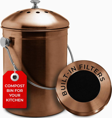 Epica copper compost bin front view showing sleek countertop design and compact size