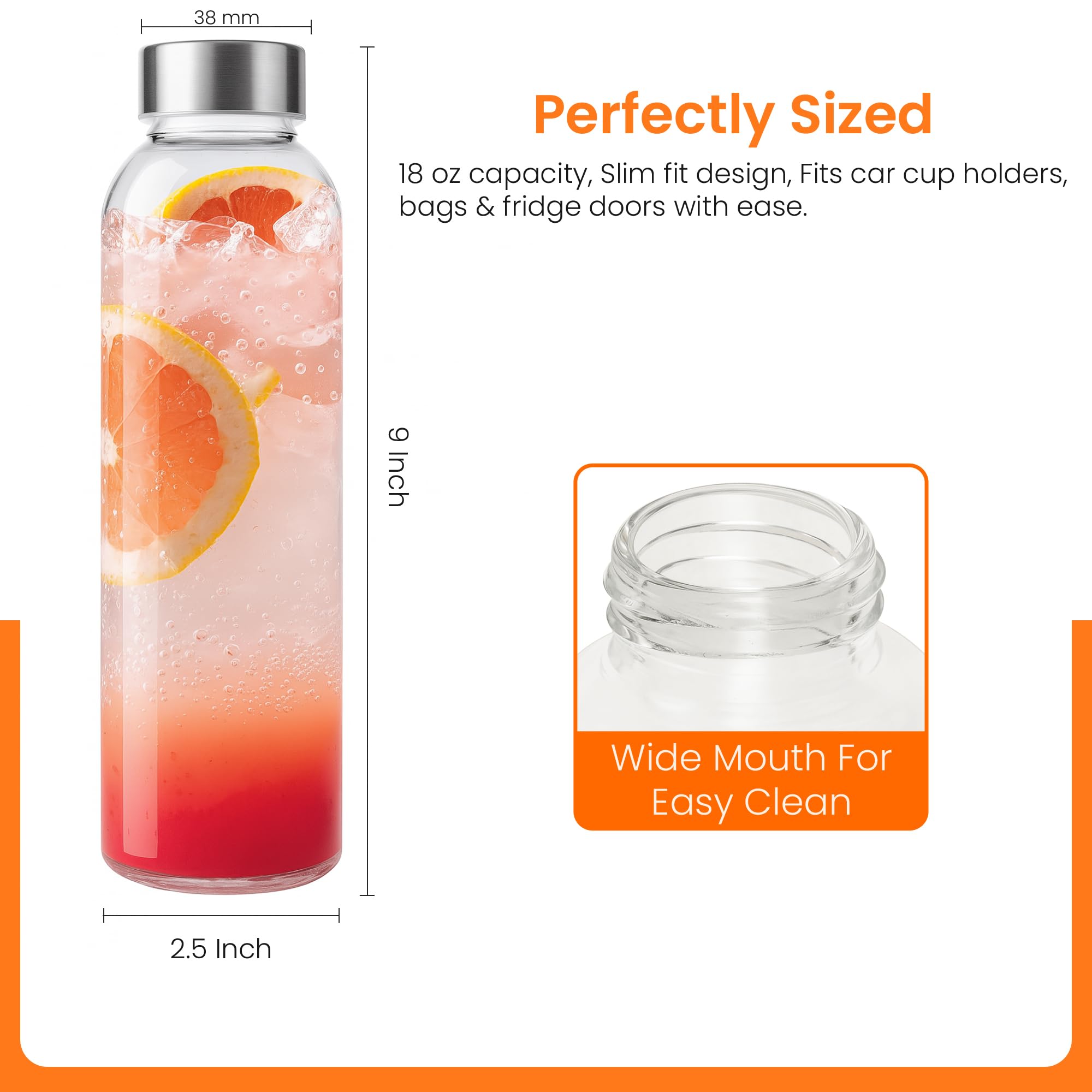 Epica glass bottle wide mouth close-up highlighting easy filling and cleaning
