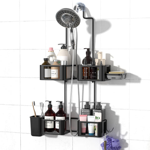 Epicano front view of hanging shower caddy showing organized bottles and easy access