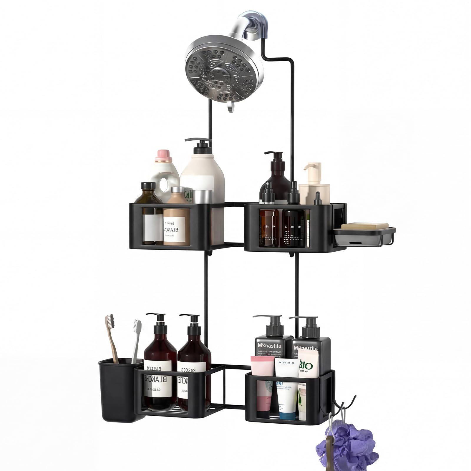 Epicano caddy size comparison next to shampoo bottle illustrating capacity