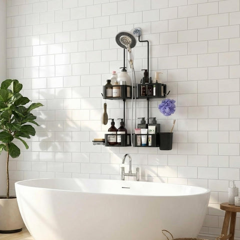 Epicano split-center detail allowing handheld shower hose to hang without pinching