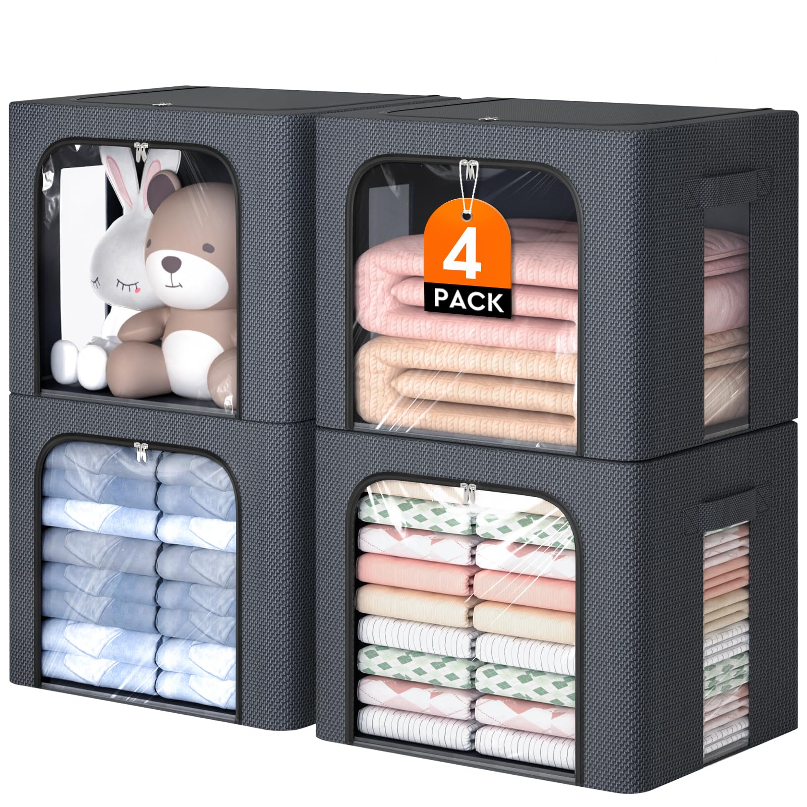 EpicTotes front view showing four light-grey bins, tidy storage benefit