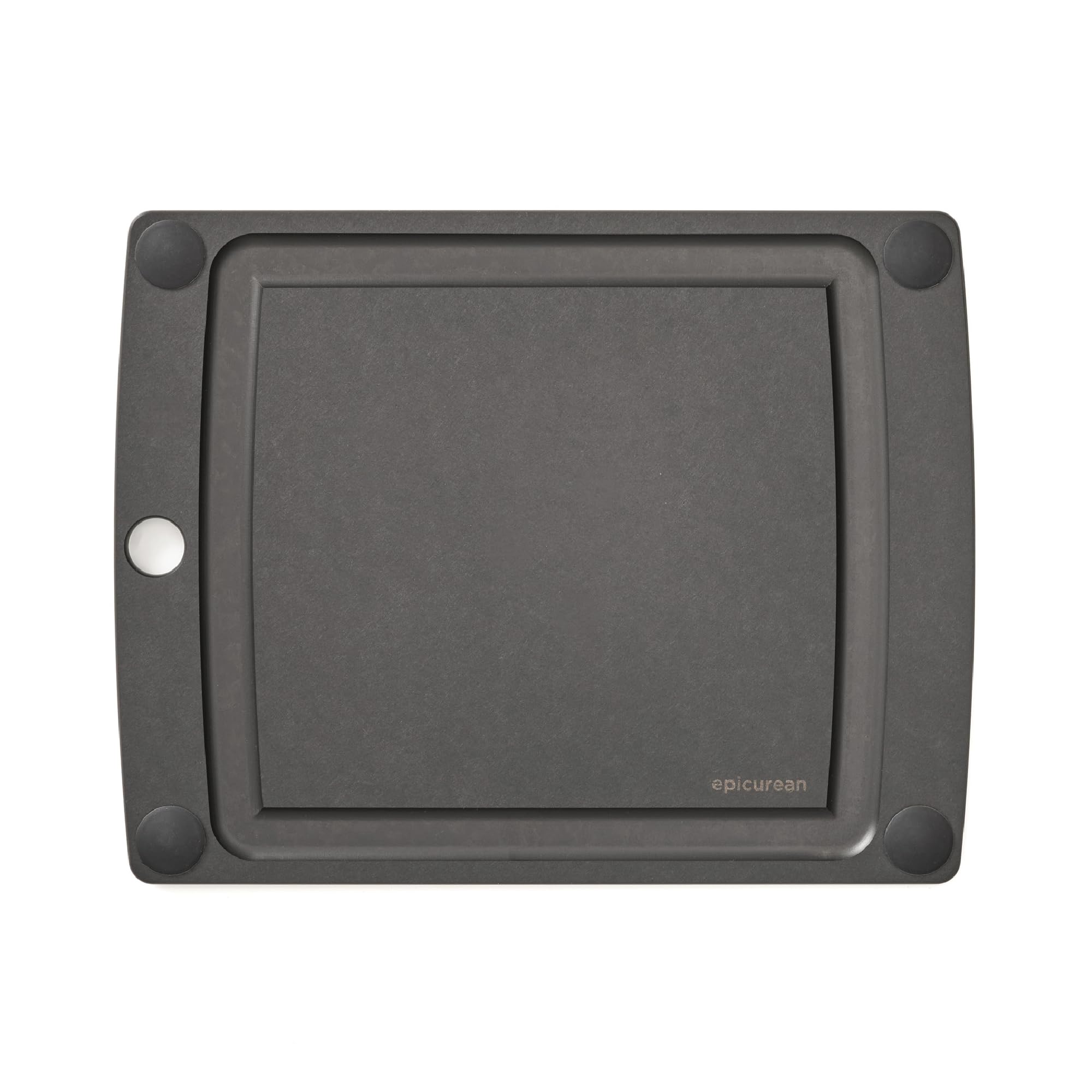 Epicurean cutting board front view shows slate finish and juice groove benefit