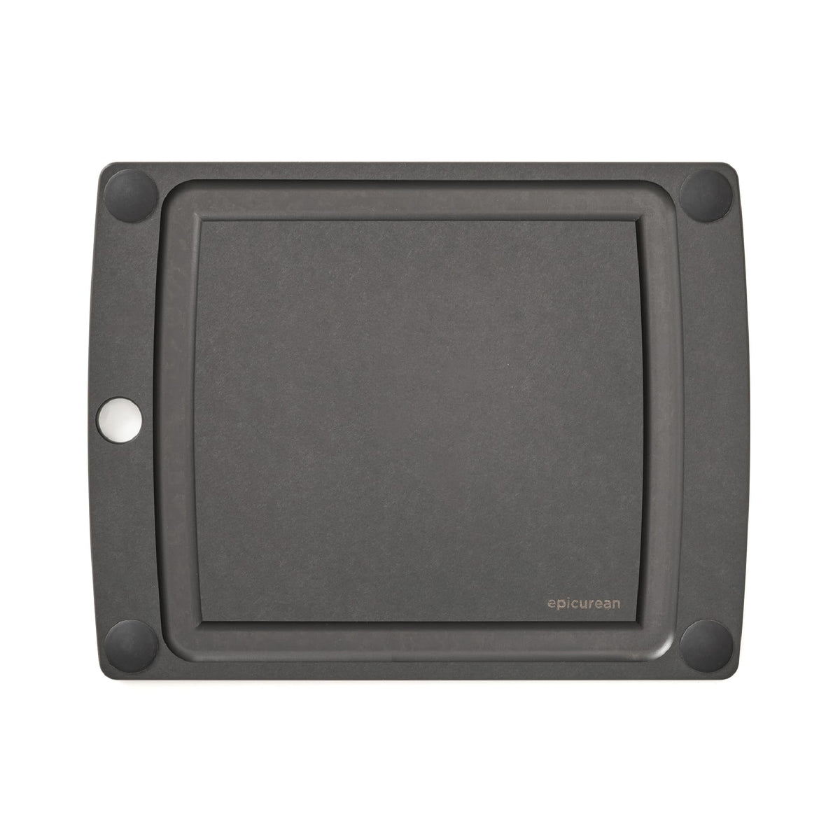 Epicurean cutting board front view shows slate finish and juice groove benefit