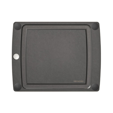Epicurean cutting board front view shows slate finish and juice groove benefit
