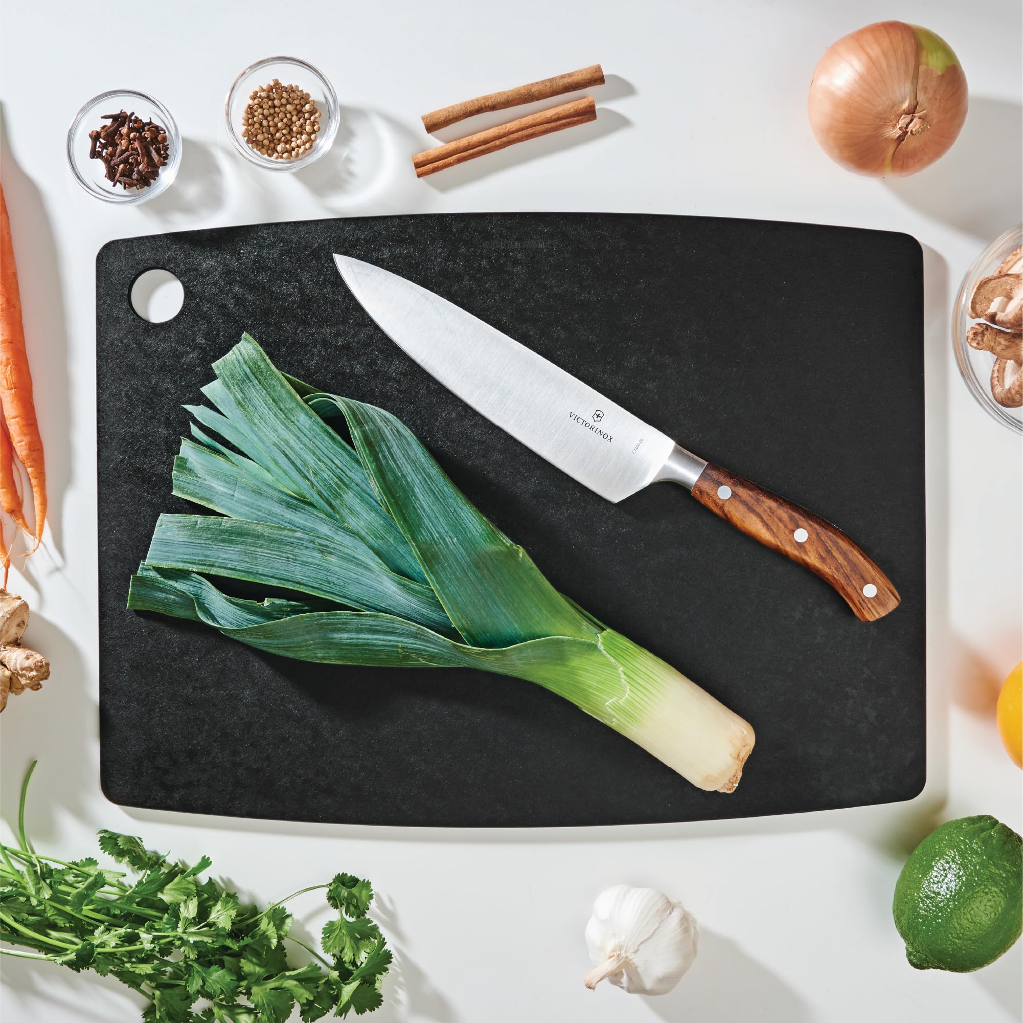 Epicurean edge profile highlighting thin lightweight design for easy storage benefit