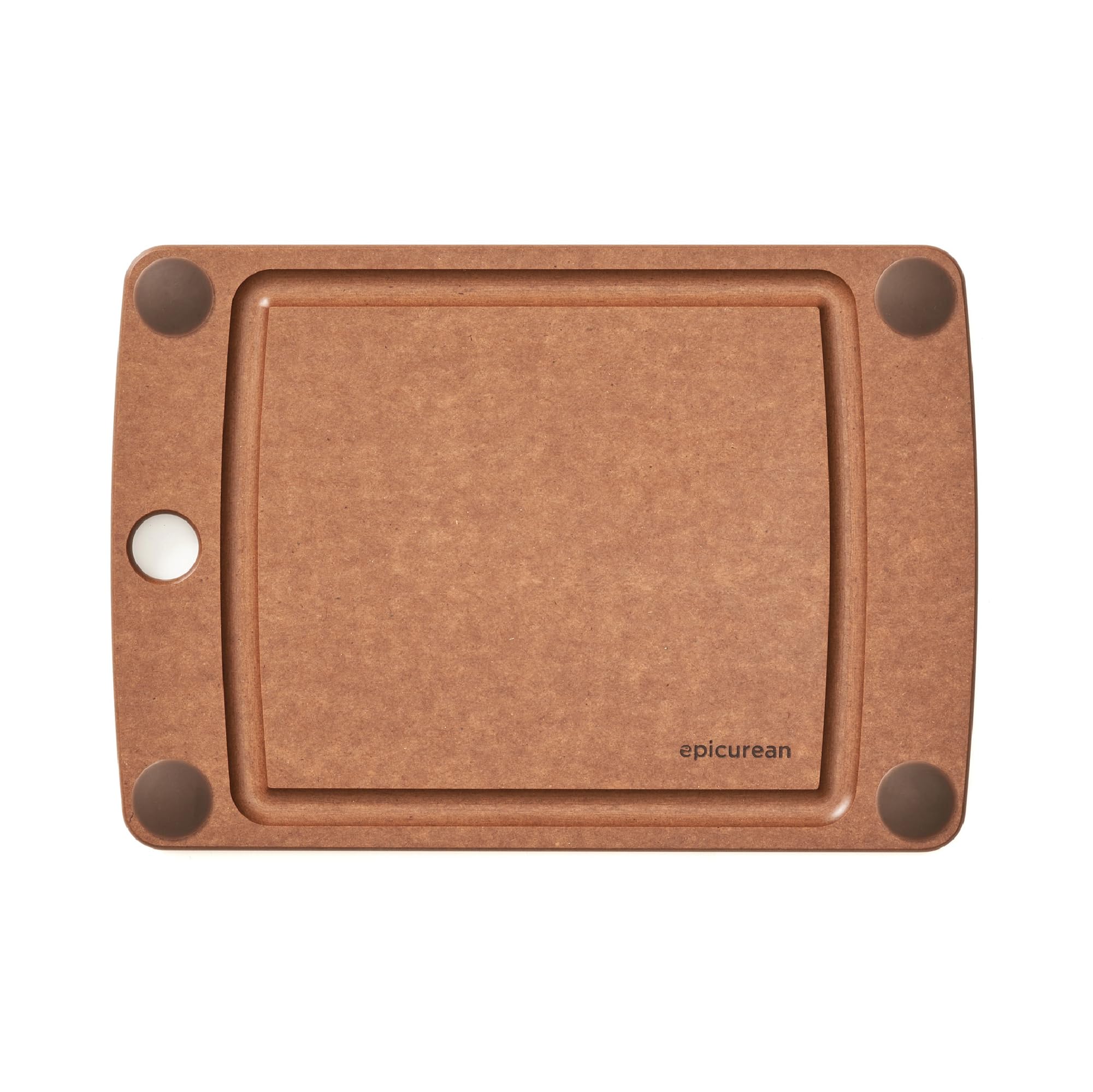 Epicurean front view of nutmeg cutting board showing compact size and design benefit