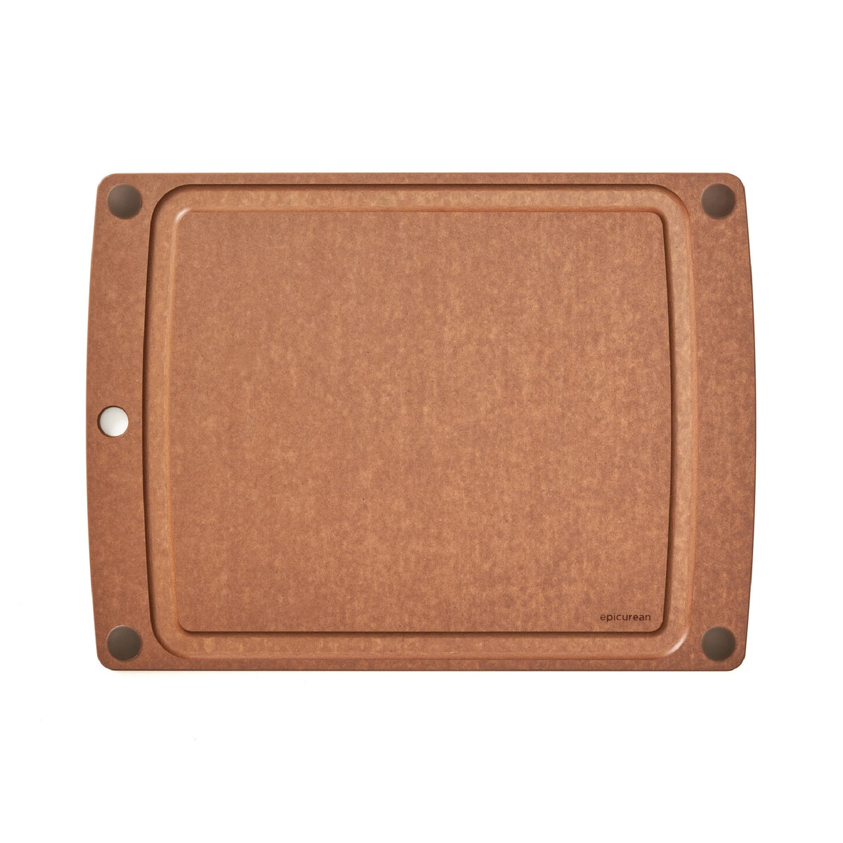 Epicurean cutting board front view in nutmeg showing juice groove and color benefit