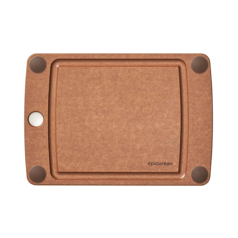 Epicurean front view of nutmeg cutting board showing compact size and design benefit