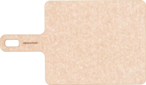 Epicurean Handy front view showing natural board and long handle for easy serving