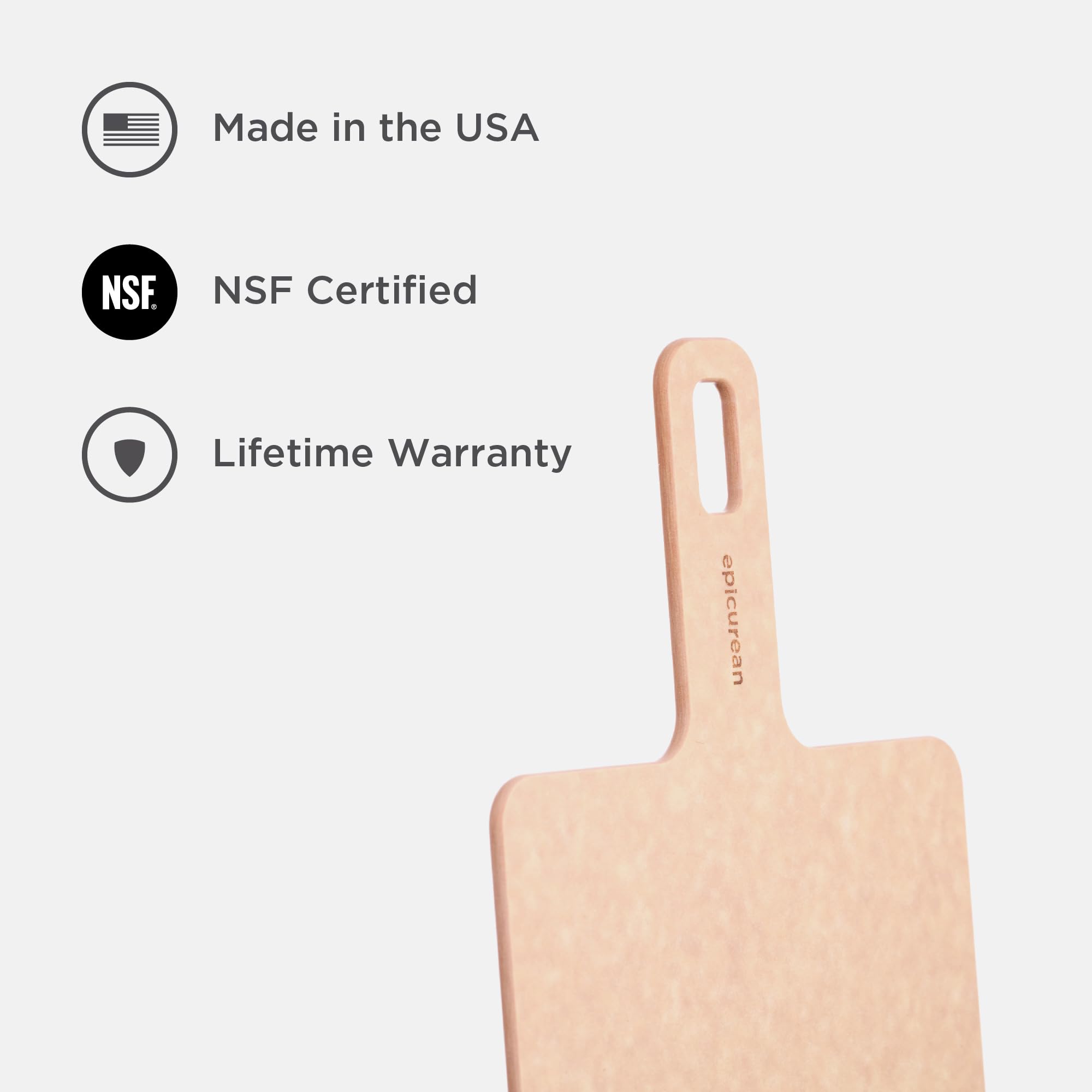 Epicurean Handy label and Richlite material detail showing durable, non-porous surface