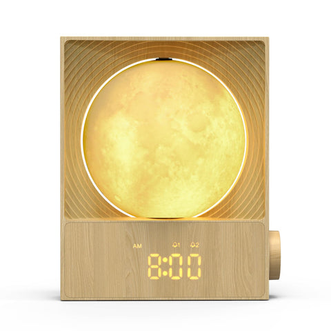 Epochleno front view showing wood alarm clock and clear controls for easy use