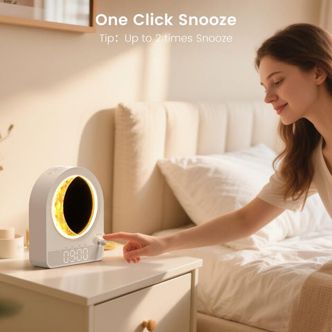 Epochleno on a nightstand for scale showing compact footprint and style
