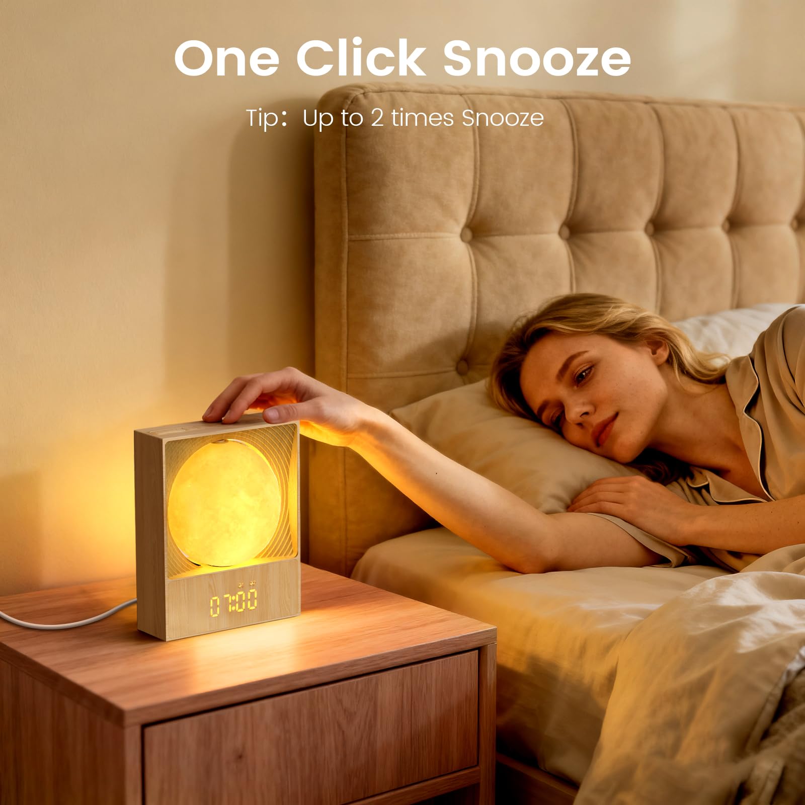 Epochleno beside a smartphone for scale showing compact nightstand fit