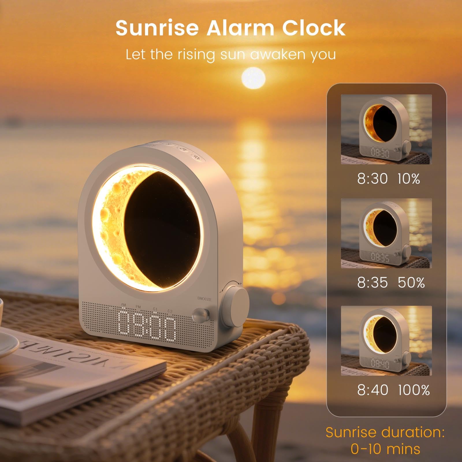 Epochleno sunrise simulation glowing on bedside to promote gentle waking
