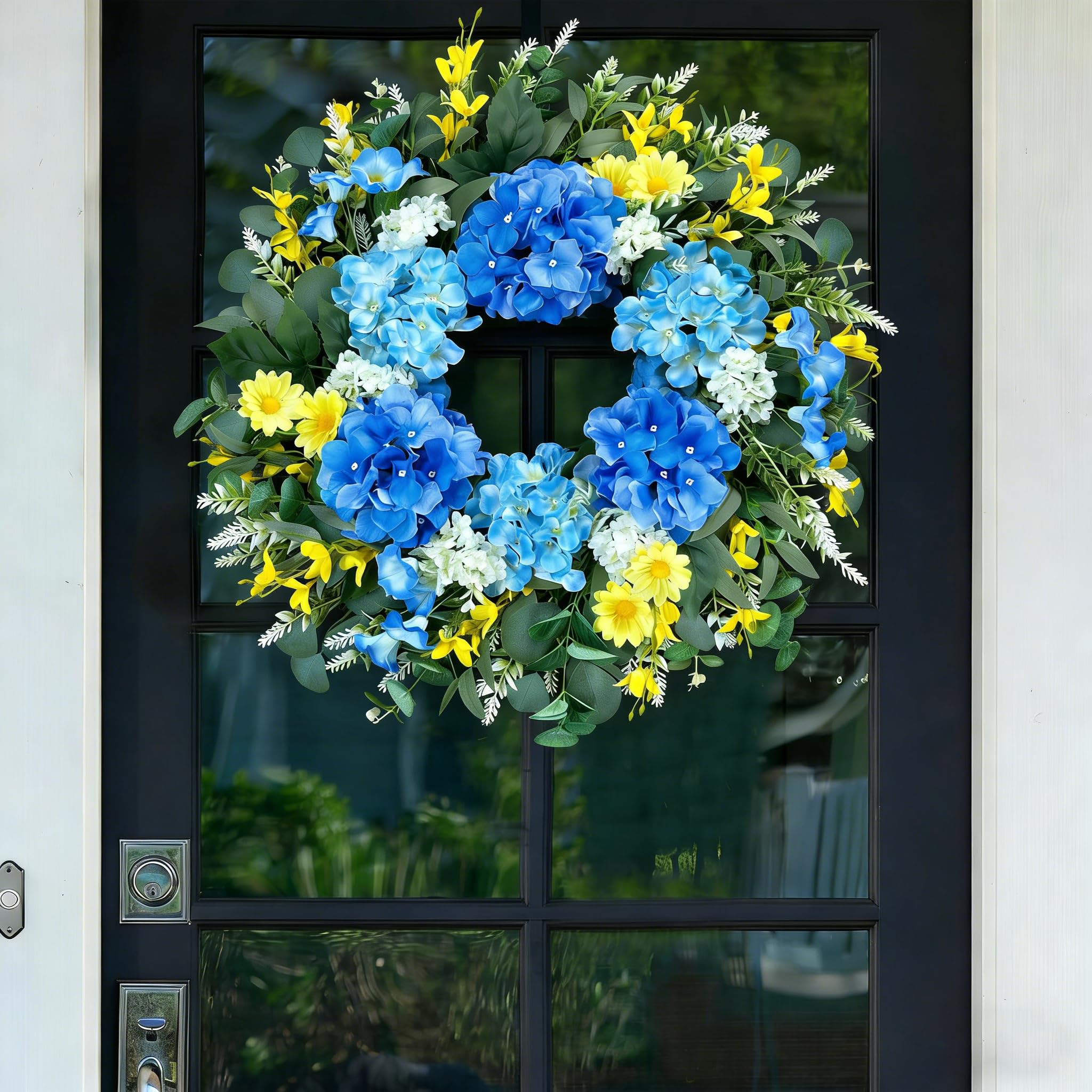 Eqanro wreath displayed on wooden porch door brightening entryway