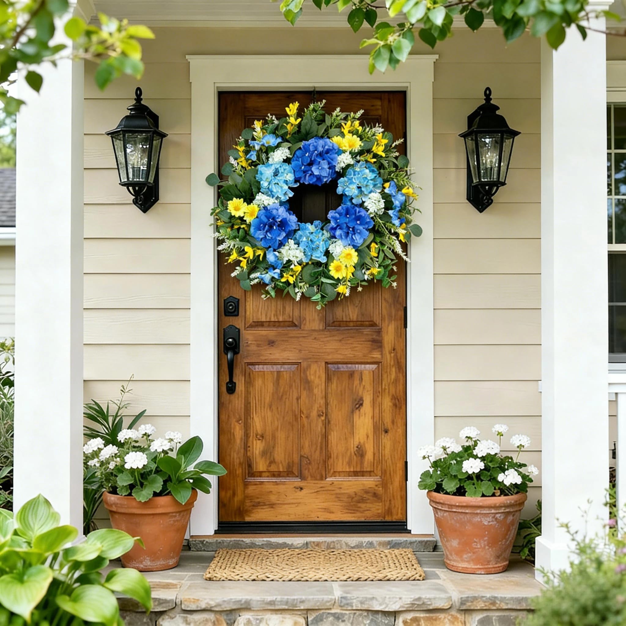 Eqanro wreath size beside door handle for scale and fit guidance