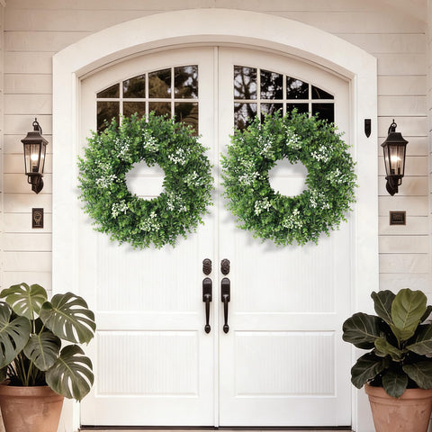 Eqanro wreath styled over fireplace creating cozy farmhouse charm
