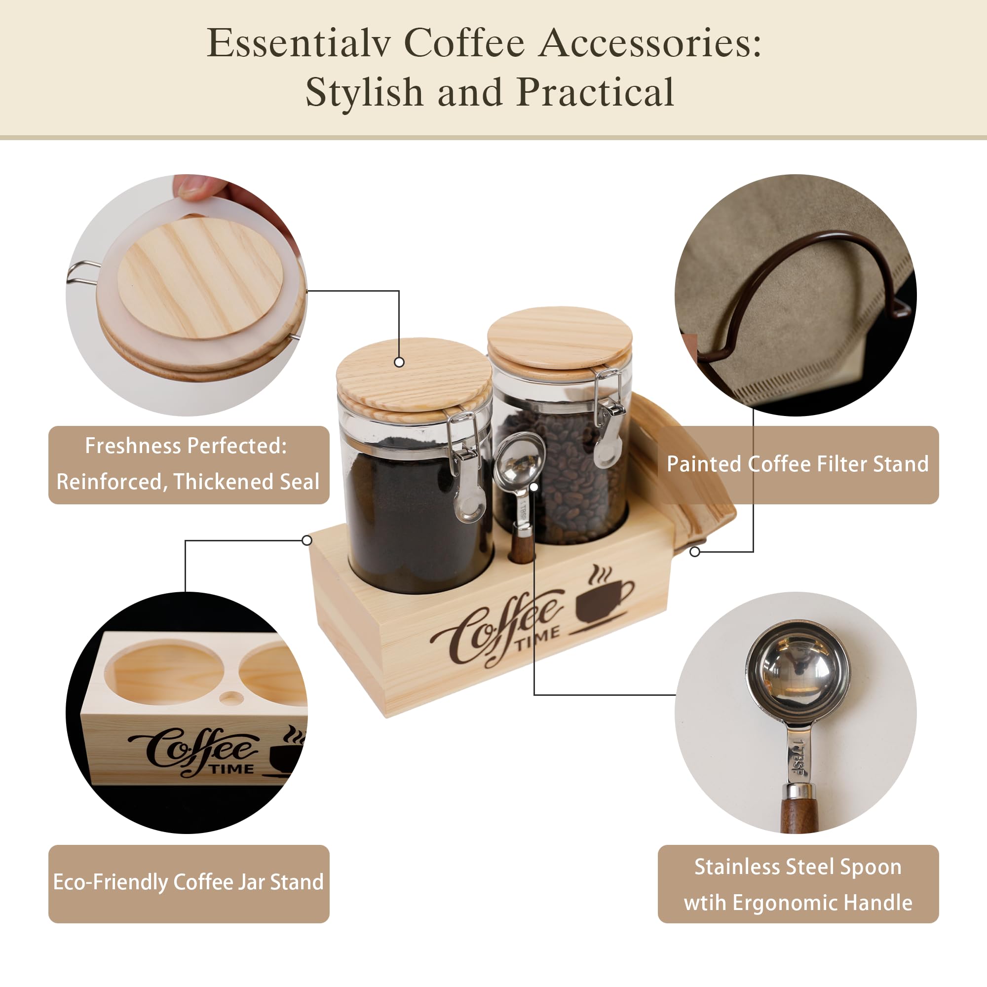 EQEY wooden-handled spoon and filter holder on shelf for quick brewing access
