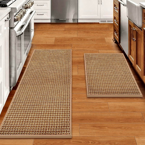 eqivei front view of the brown 2-piece kitchen mat set showing absorbent weave and size