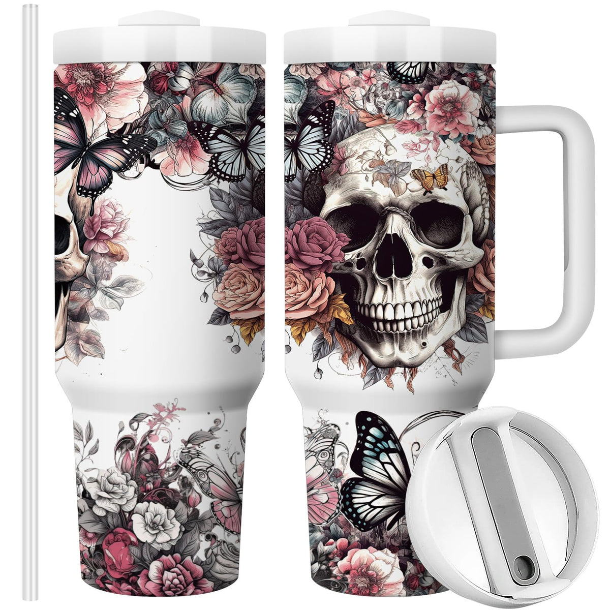 Equoza front view showing skull floral artwork and 40oz capacity for bold style