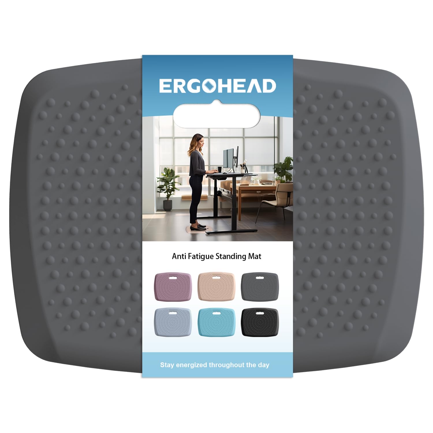 ergohead next to office chair illustrating compact 17x22 inch footprint