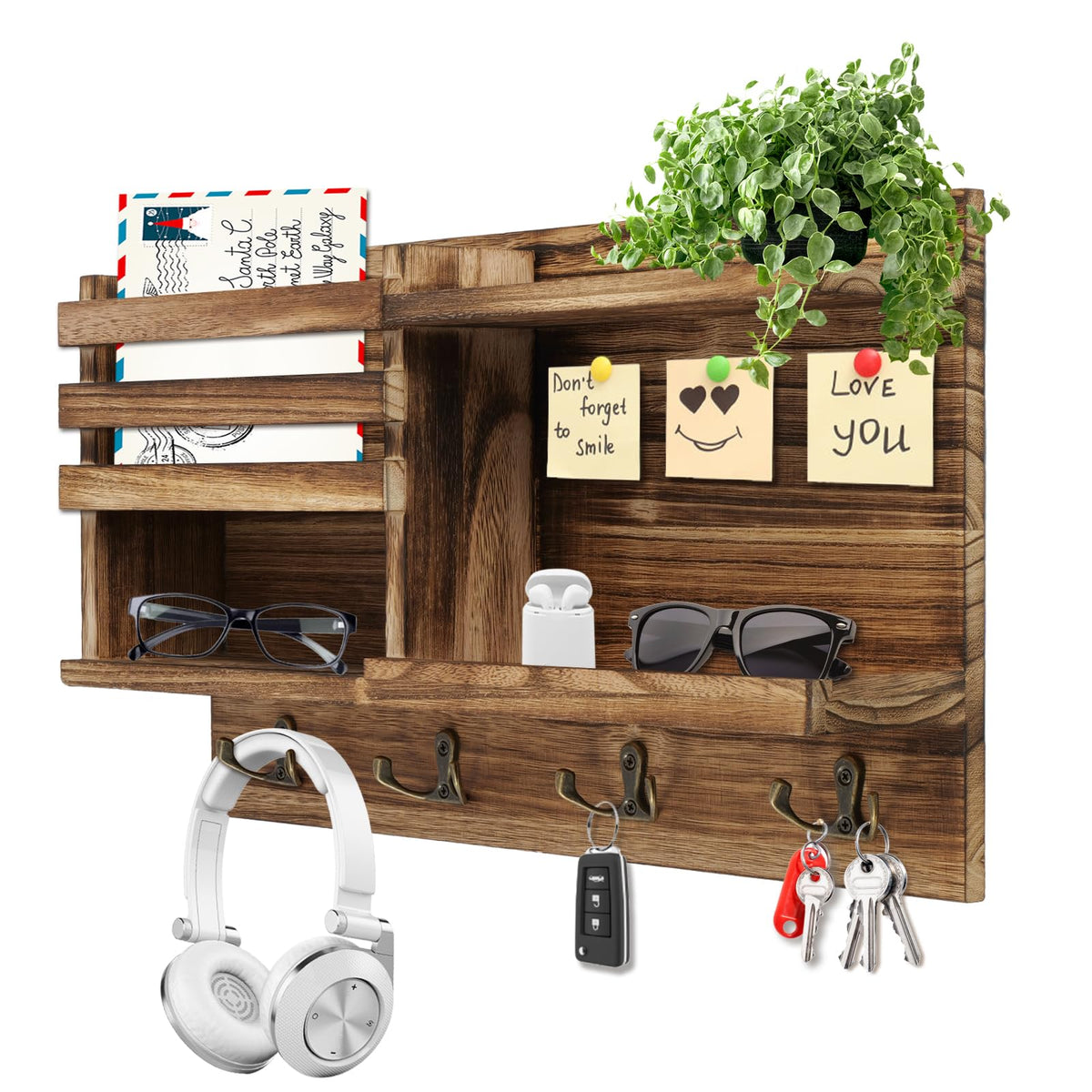 Eryvik front view of burnt-brown key holder showing shelf and eight hooks for easy organization