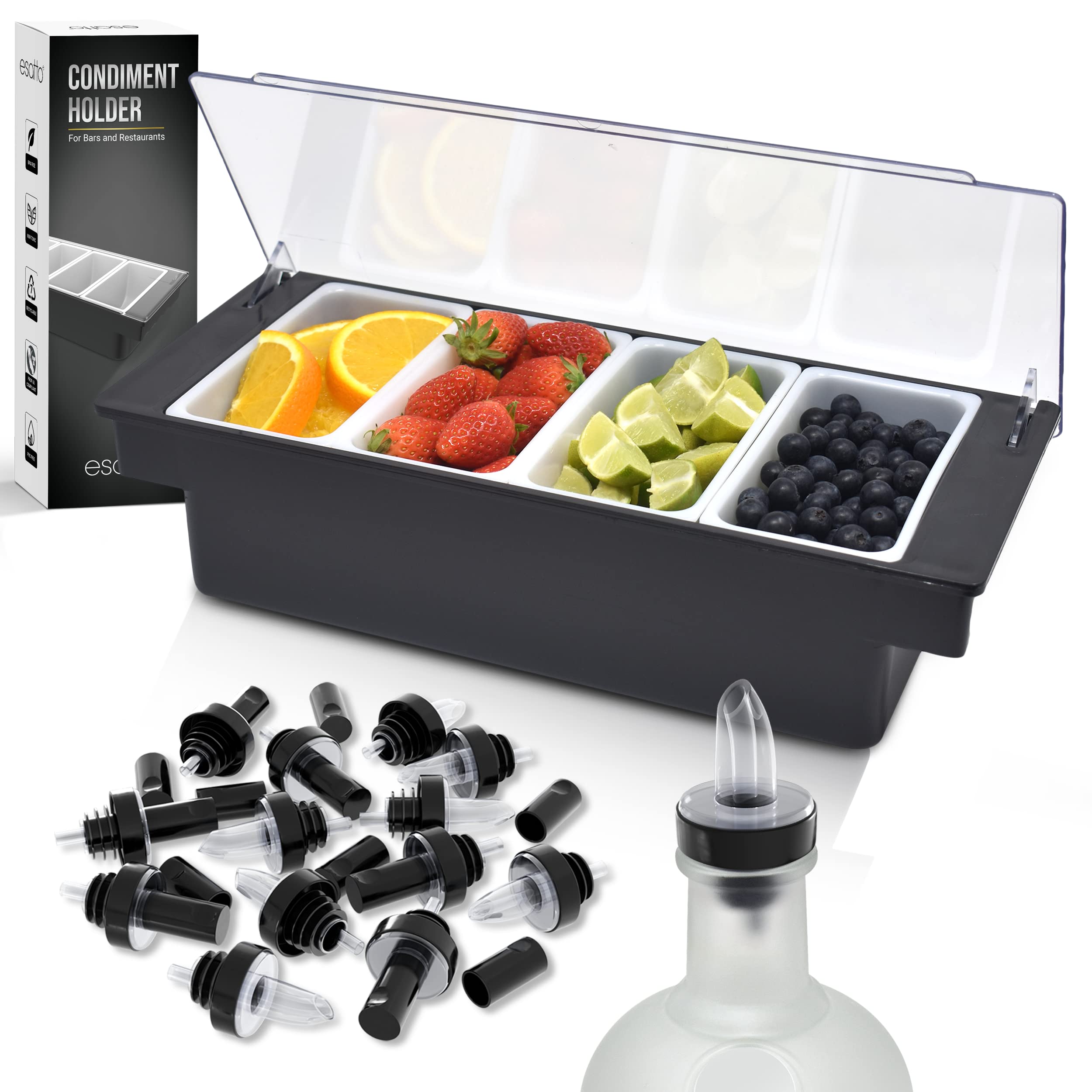 Esatto front view of black condiment caddy showing organized garnish storage benefit