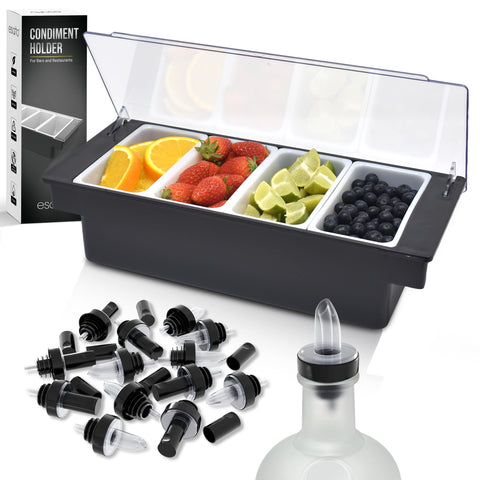Esatto front view of black condiment caddy showing organized garnish storage benefit