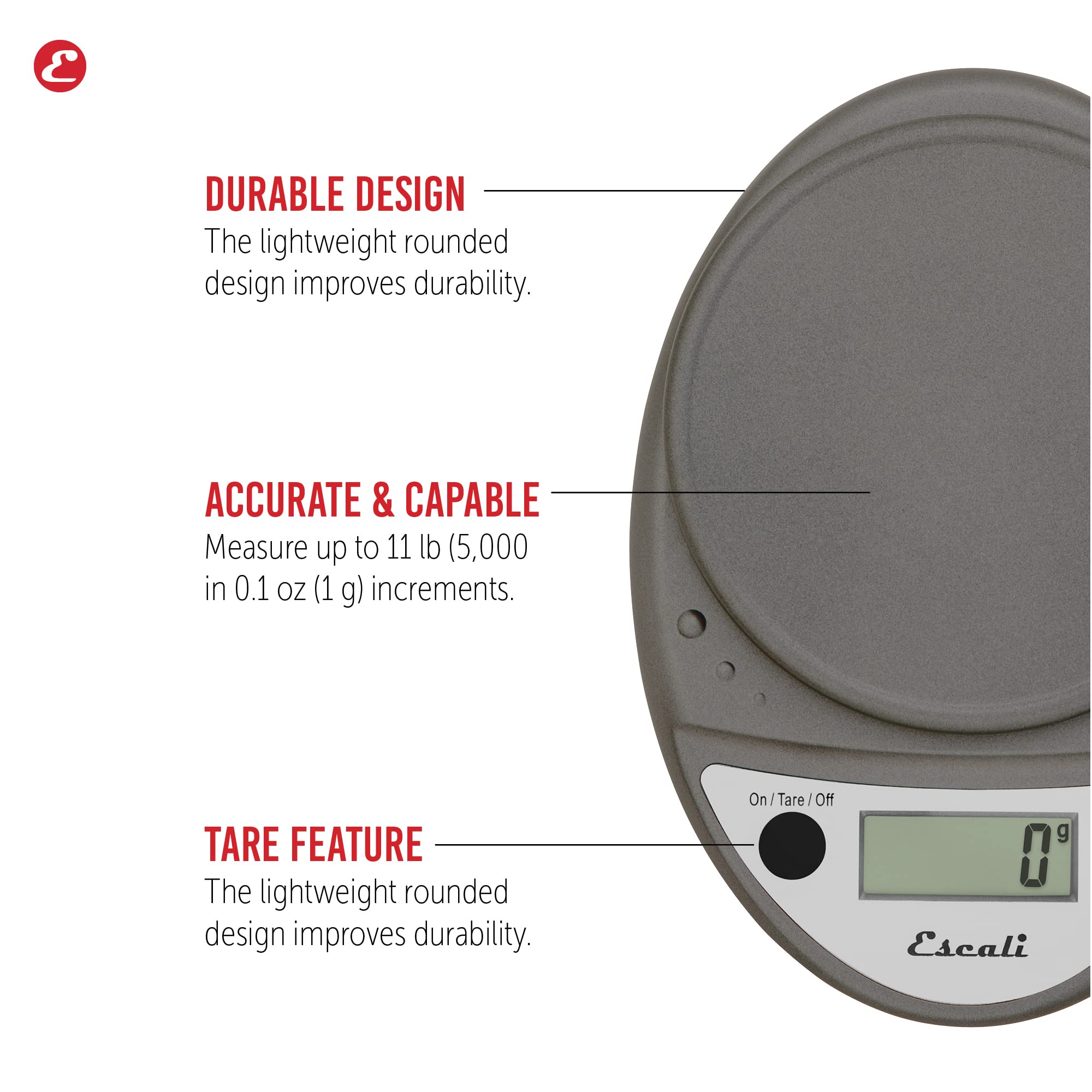 Escali Primo sealed control panel close-up showing two-button operation and spill protection