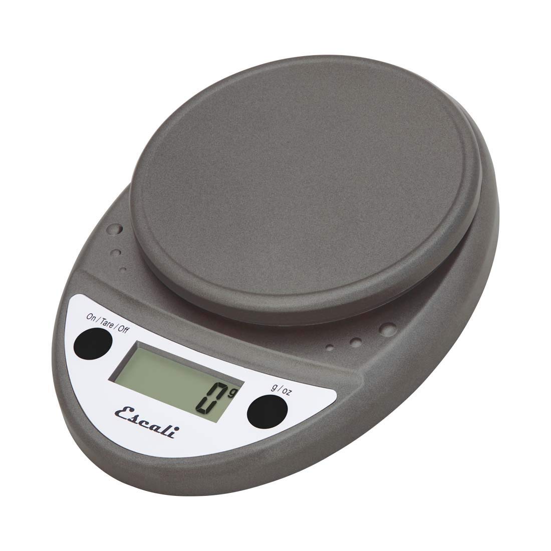 Escali Primo front view showing metallic finish and clear display, precise weighing benefit