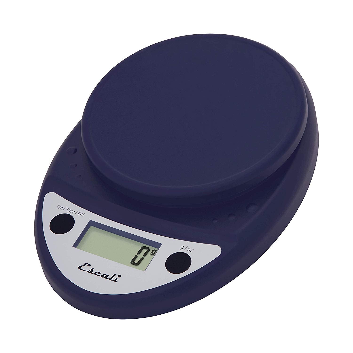 Escali Primo front view in royal blue showing compact footprint and readable display
