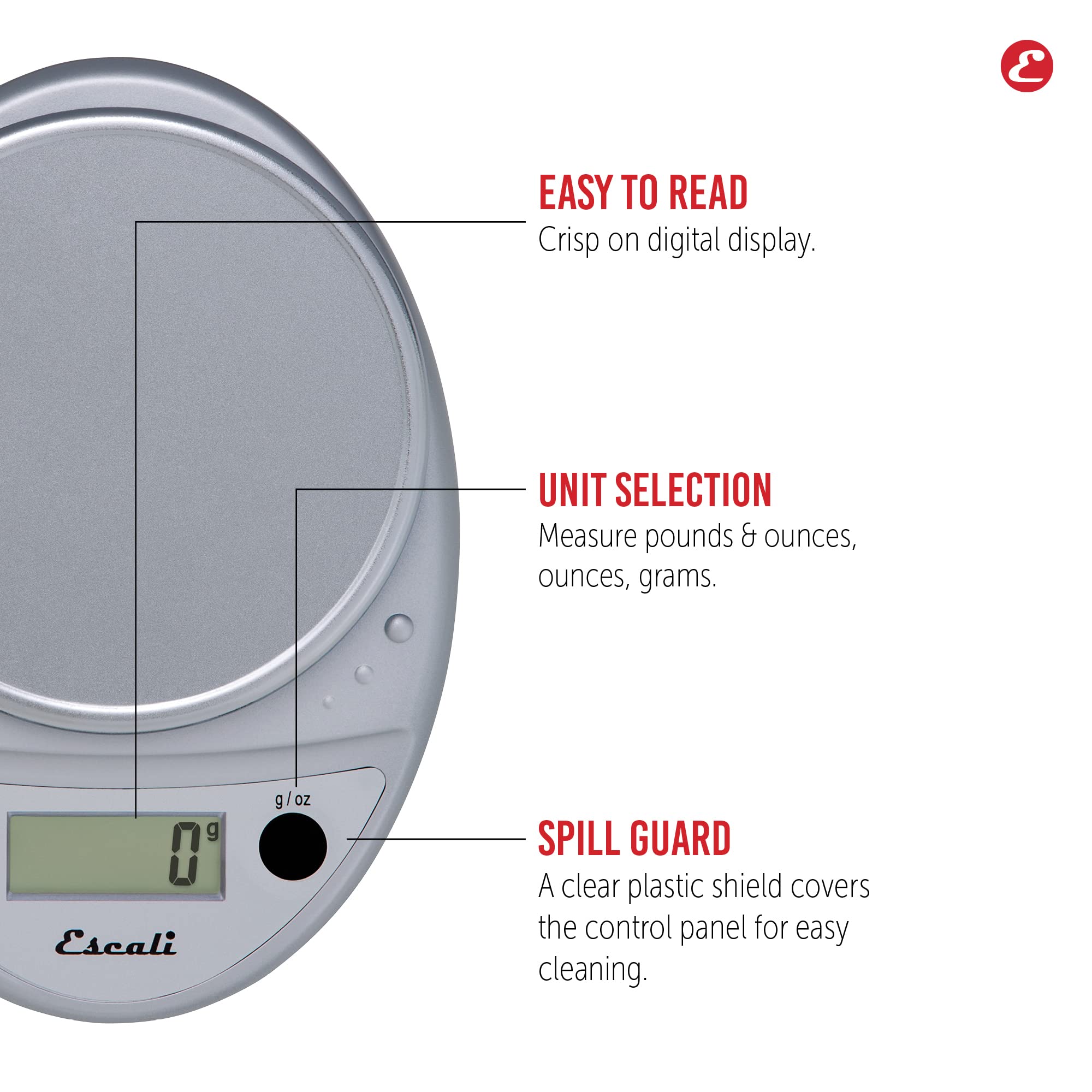 Escali Primo beside a hand illustrating compact scale size for storage