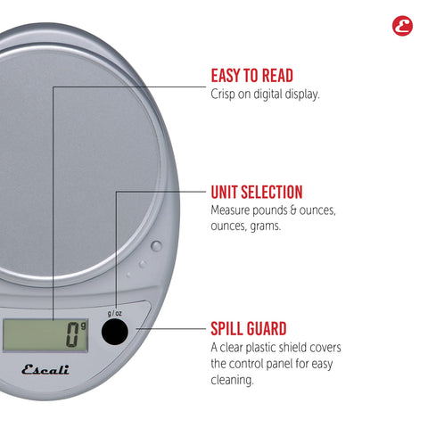 Escali Primo beside a hand illustrating compact scale size for storage