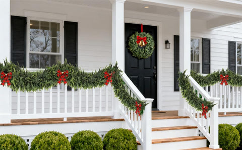 ESCRIO garland framing a covered front porch door showing outdoor suitability