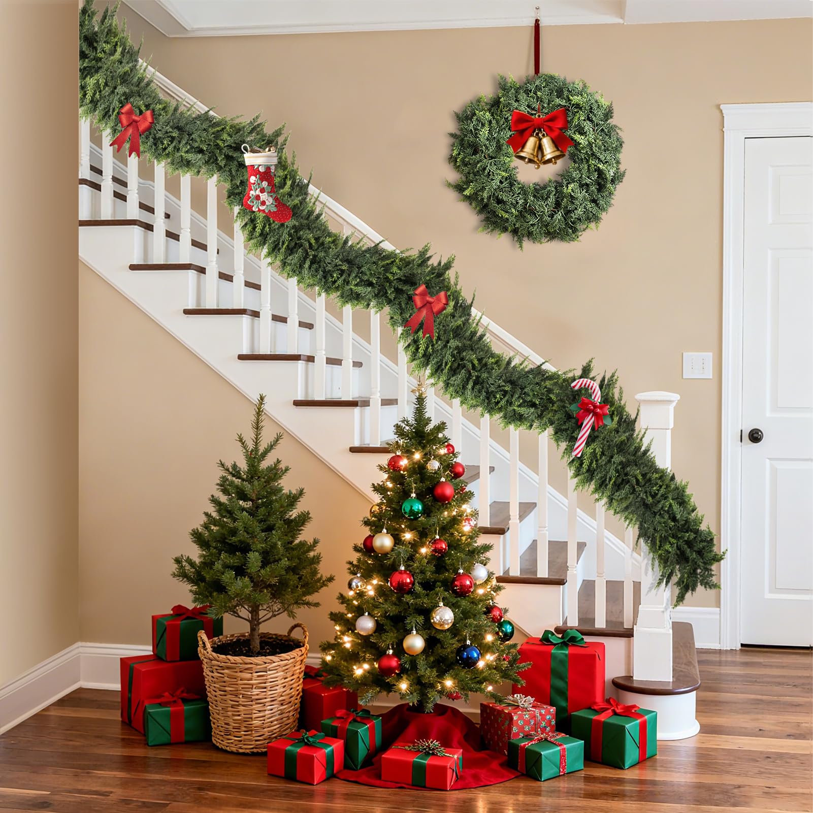 ESCRIO garland draped across a fireplace mantel adding classic holiday style