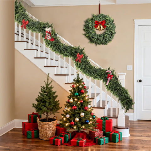 ESCRIO garland draped across a fireplace mantel adding classic holiday style