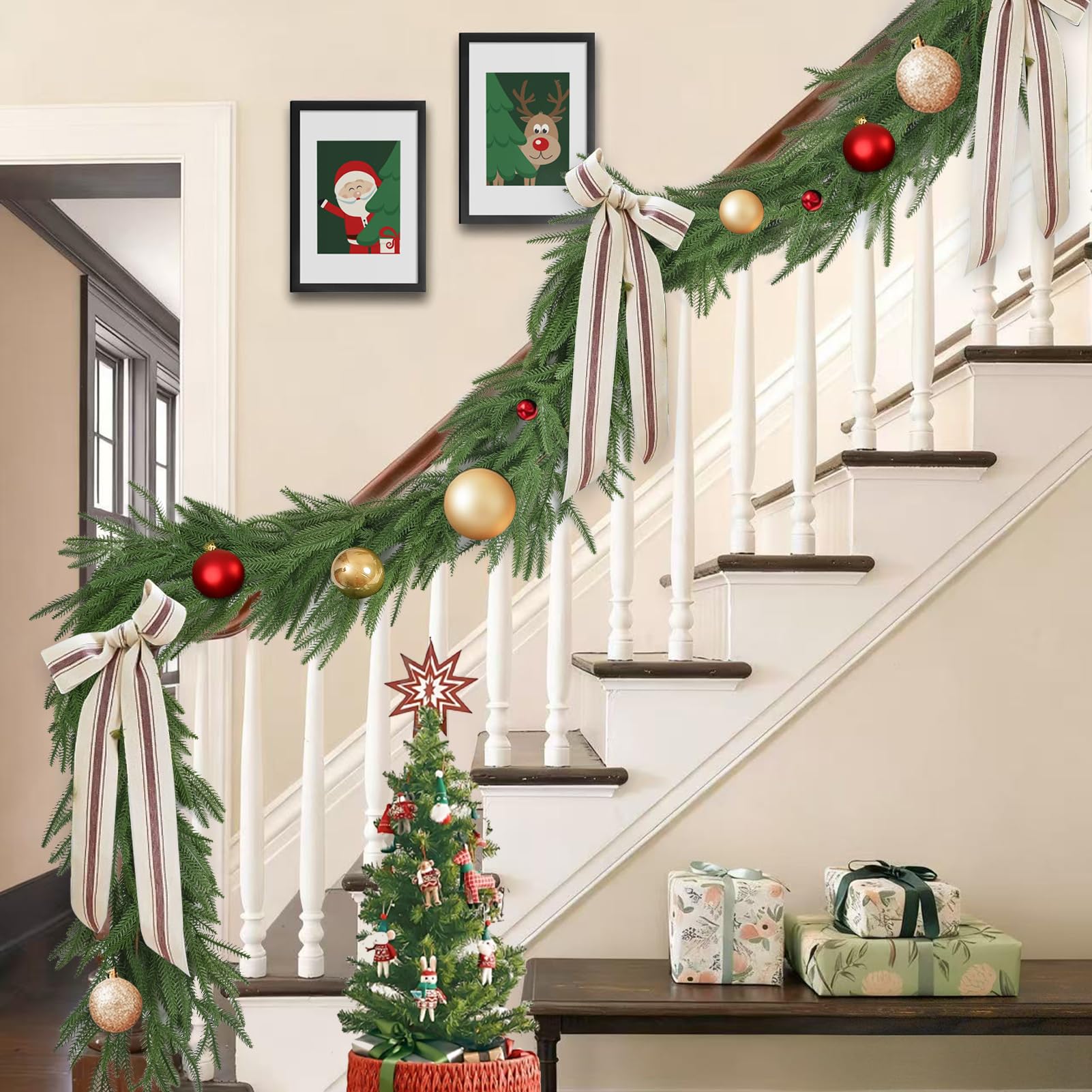 Escrio garland styled on table with lights creating quick holiday centerpiece